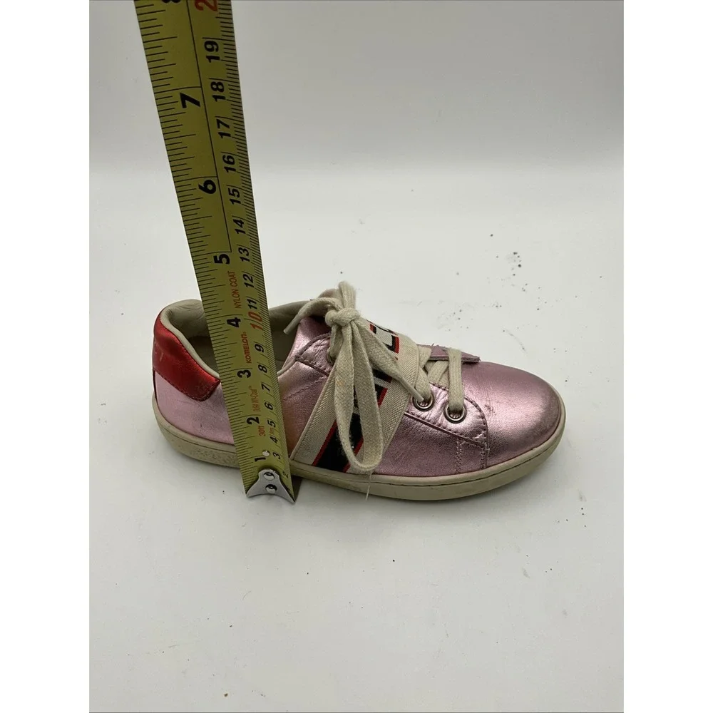 Gucci Ace Kids Pink Metallic Leather Sneakers Web Stripe EU 28 Italy